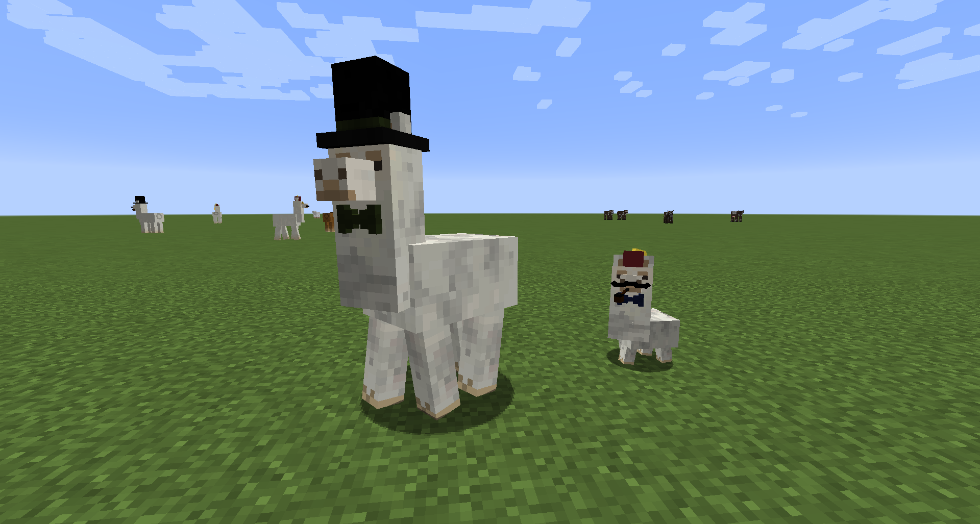 A cream colored llama with a green bow tie and top hat. A child llama is following closely behind it with a bow tie, pipe, curly moustache and a fez on the top of its head