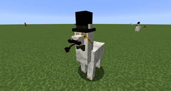 A cream colored llama with a green bow tie, curly moustache, pipe, monocle and a top hat with a green band