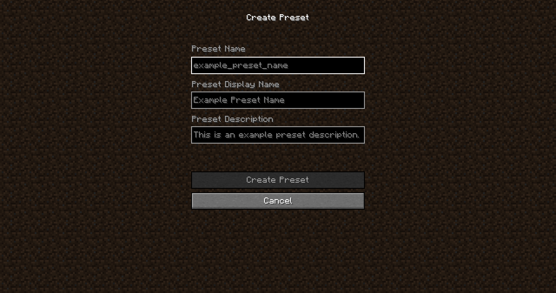 Create Preset Screen