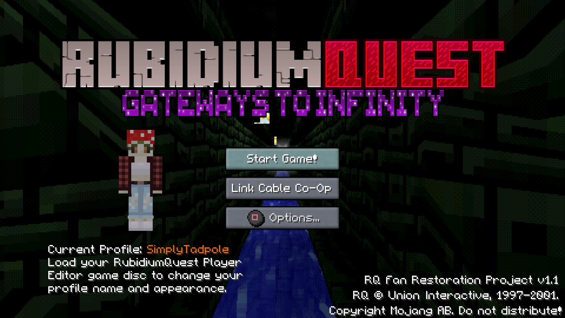 A screenshot of RubidiumQuest's title screen, which is significantly more truncated than Minecraft's - only three buttons are available (Start, Co-Op, and Options), while a preview of the player's username and appearance is shown in the left side of the screen.