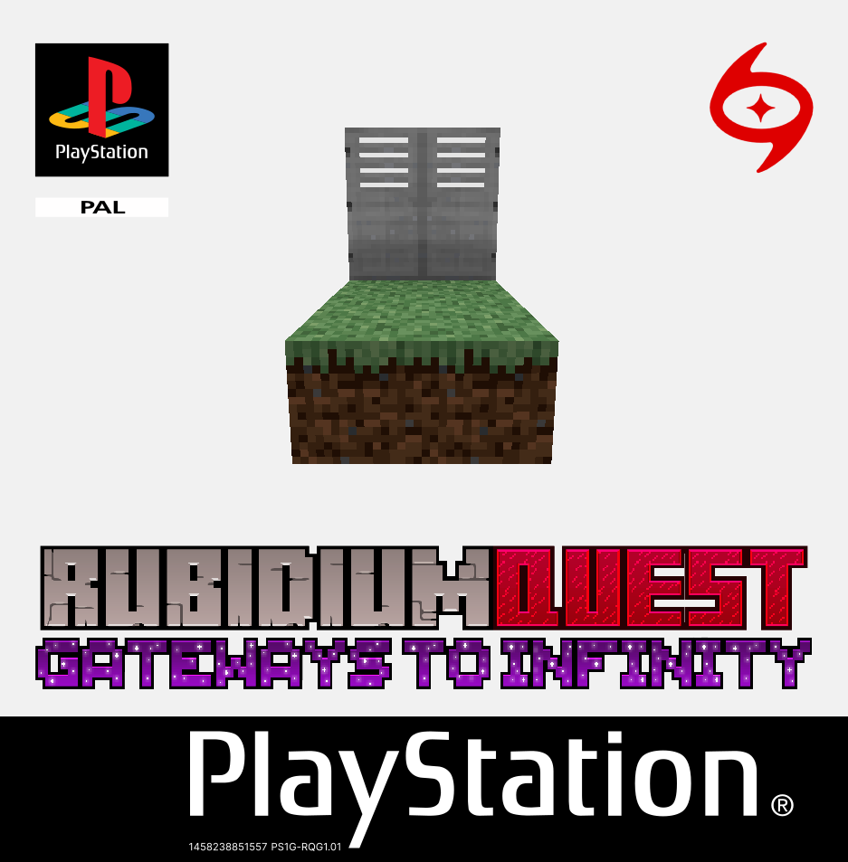 The front cover of RubidiumQuest's jewel case, featuring two iron doors over grass blocks floating in a white void. The game's title, as well as PlayStation insignias and Union Interactive's logo, can easily be seen.