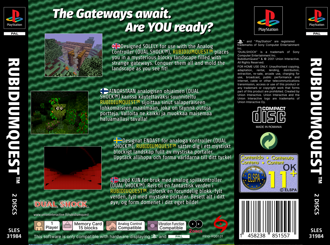 The back cover of RubidiumQuest's jewel case, featuring three screenshots of the game and PlayStation copyright jargon. The text describes, in four languages, the objectives of the game: find mysterious interdimensional gateways in the blocky world you're in, and conquer them all in your quest to defeat the evil Night Dragon.