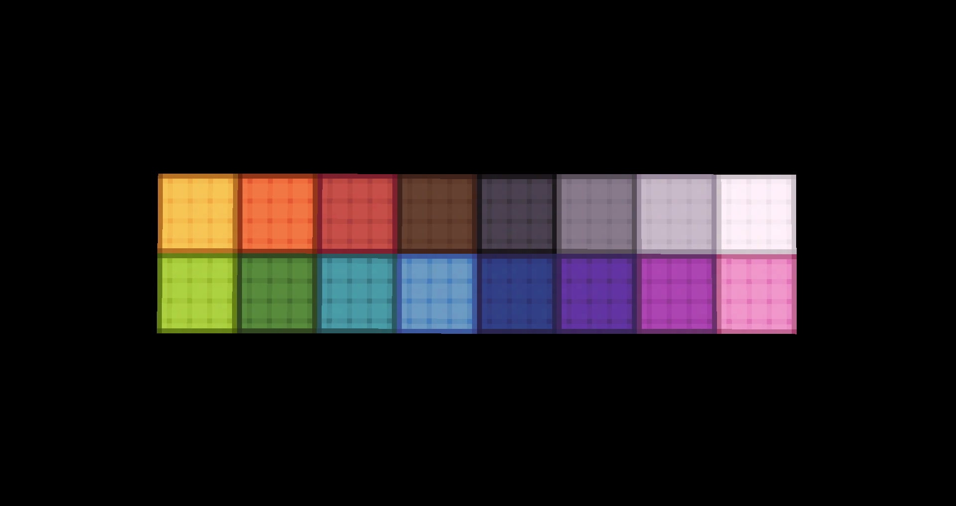 A screenshot of every minecraft wool block on a black background, with modified textures to be outlined and in alternate colors.