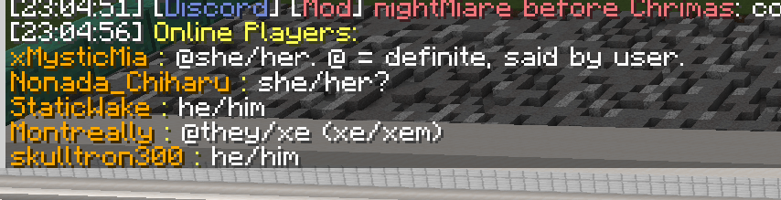 Image of player list. One player name per line, followed by a colon, then their (custom) pronouns.