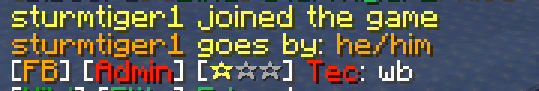 "Player joined the game". Right after the join message: "Player goes by: he/him"
