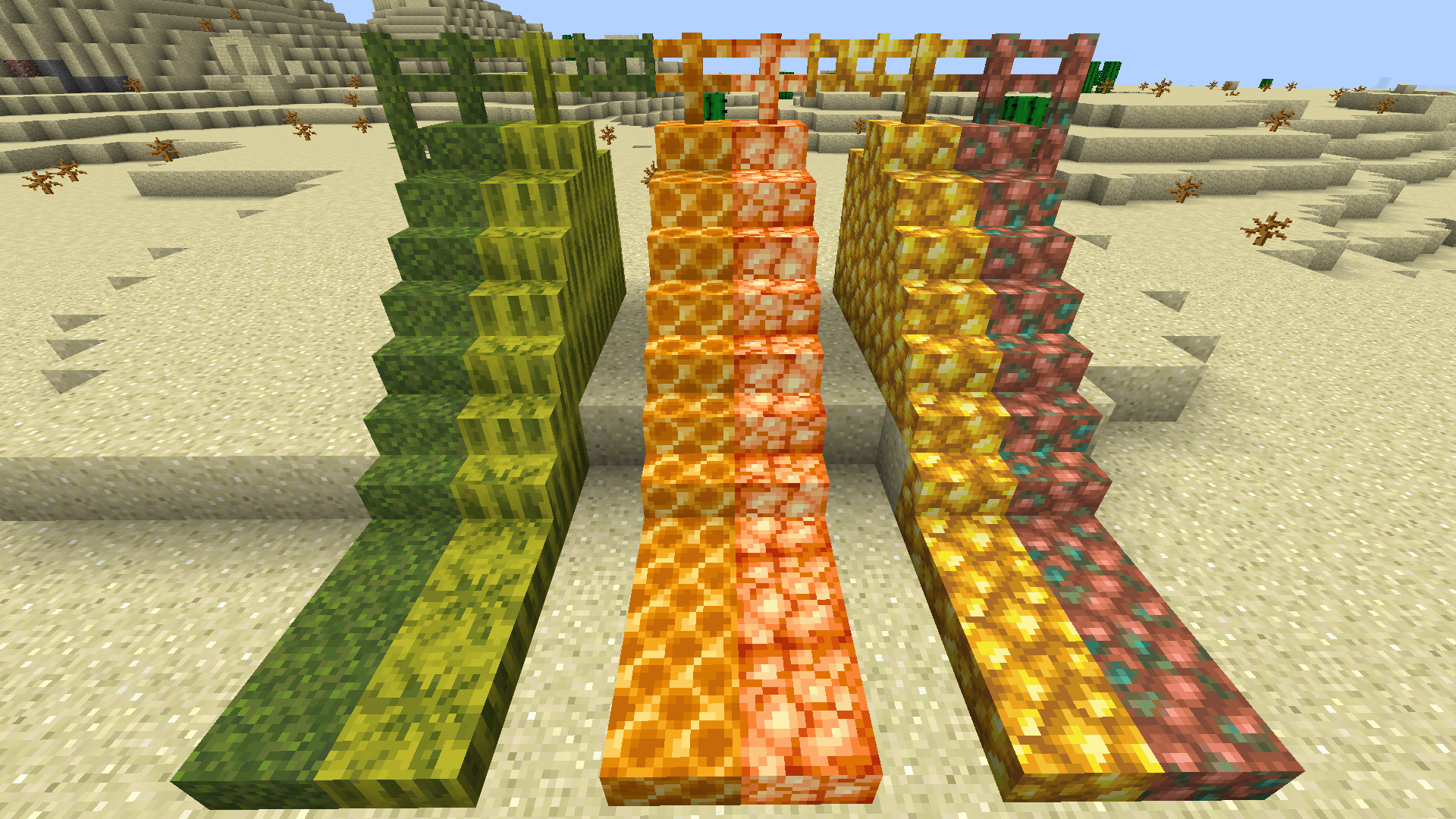 This picture shows blocks in different shapes. From left to right respectively: moss block, melon, honeycomb block, shroomlight, raw gold, raw copper.