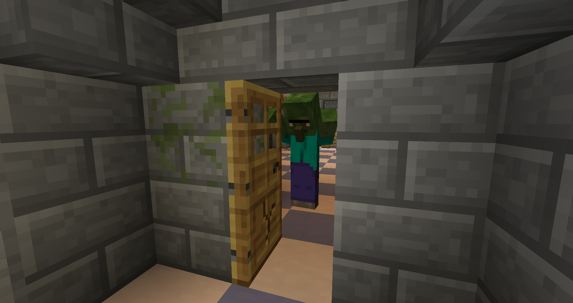 Uno zombie che distrugge una porta in legno.