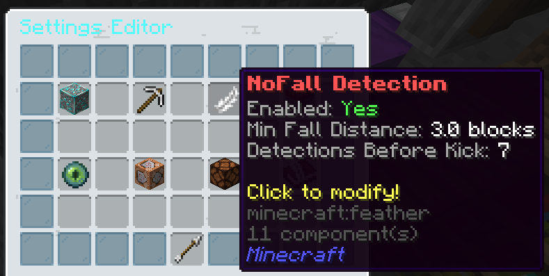 Example of NoFall settings viewed in a chest GUI using XRayDetect by GuyThatLives