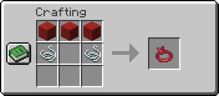 The crafting recipe for a Red Bandana: 3 Red Wool across the top row, 2 String on the left and right of the middle row results in 1 Red Bandana in the output slot