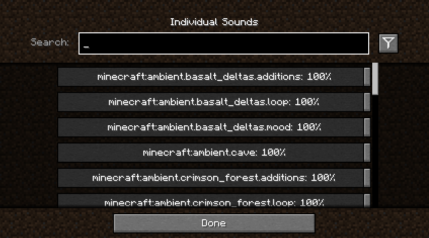 This is the config screen providing sliders for each sound available in the game (including from other mods). An extra search bar and 'modified values only' filter are also available.