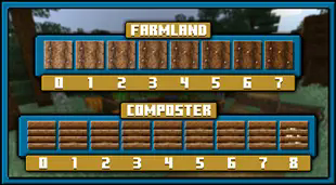 • Composter will now show you on the side of the block, how much you've composted. • Farmland will show its moisture level by getting darker-brown until fully hydrated.