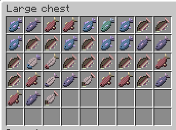 An assortment of the four new fish added in version 2.0 of the mod. There is also a single vanilla fish in the chest.