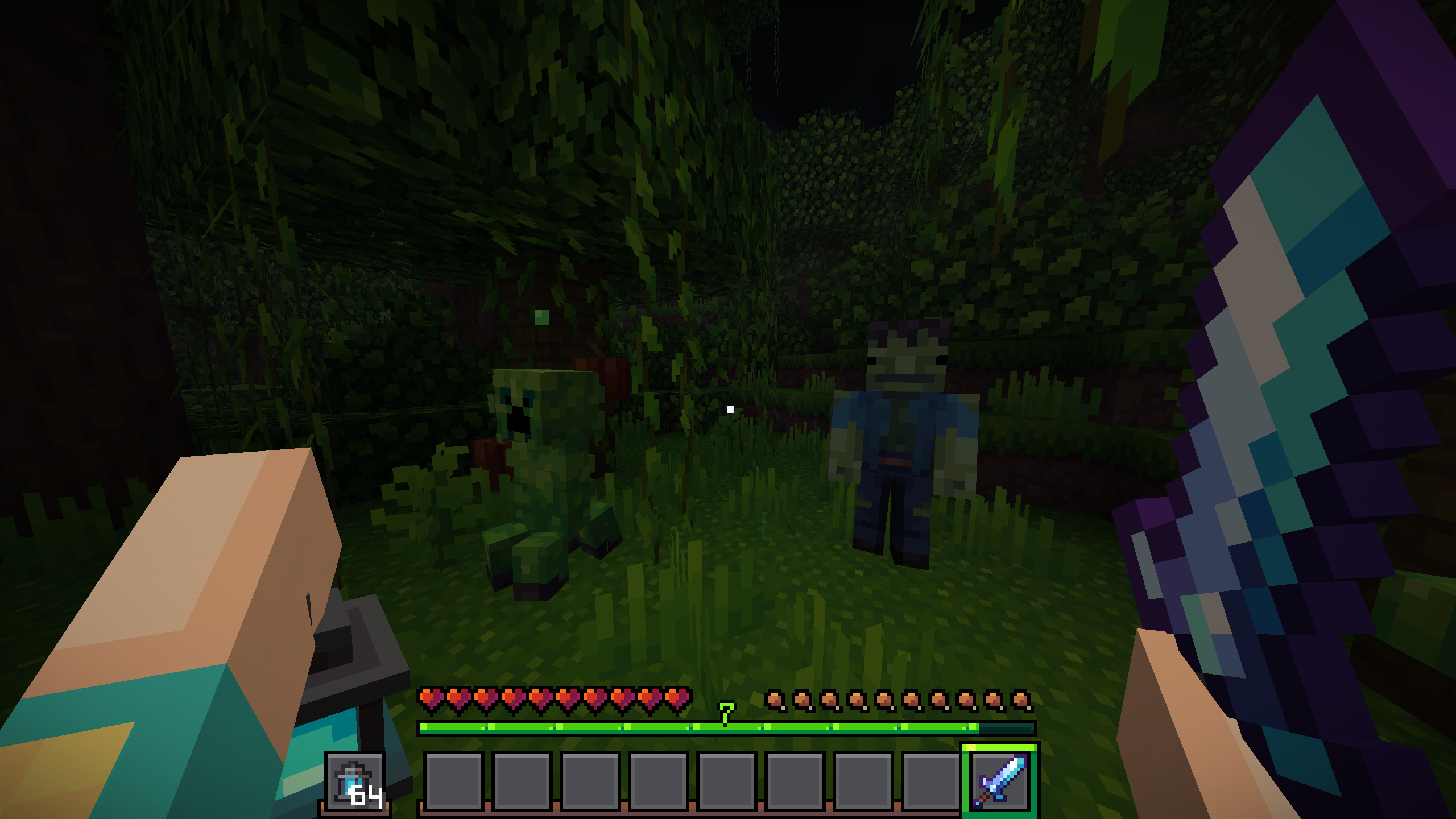 A jungle at night with a creeper and a zombie in front of the player who is holding a lantern and a sword