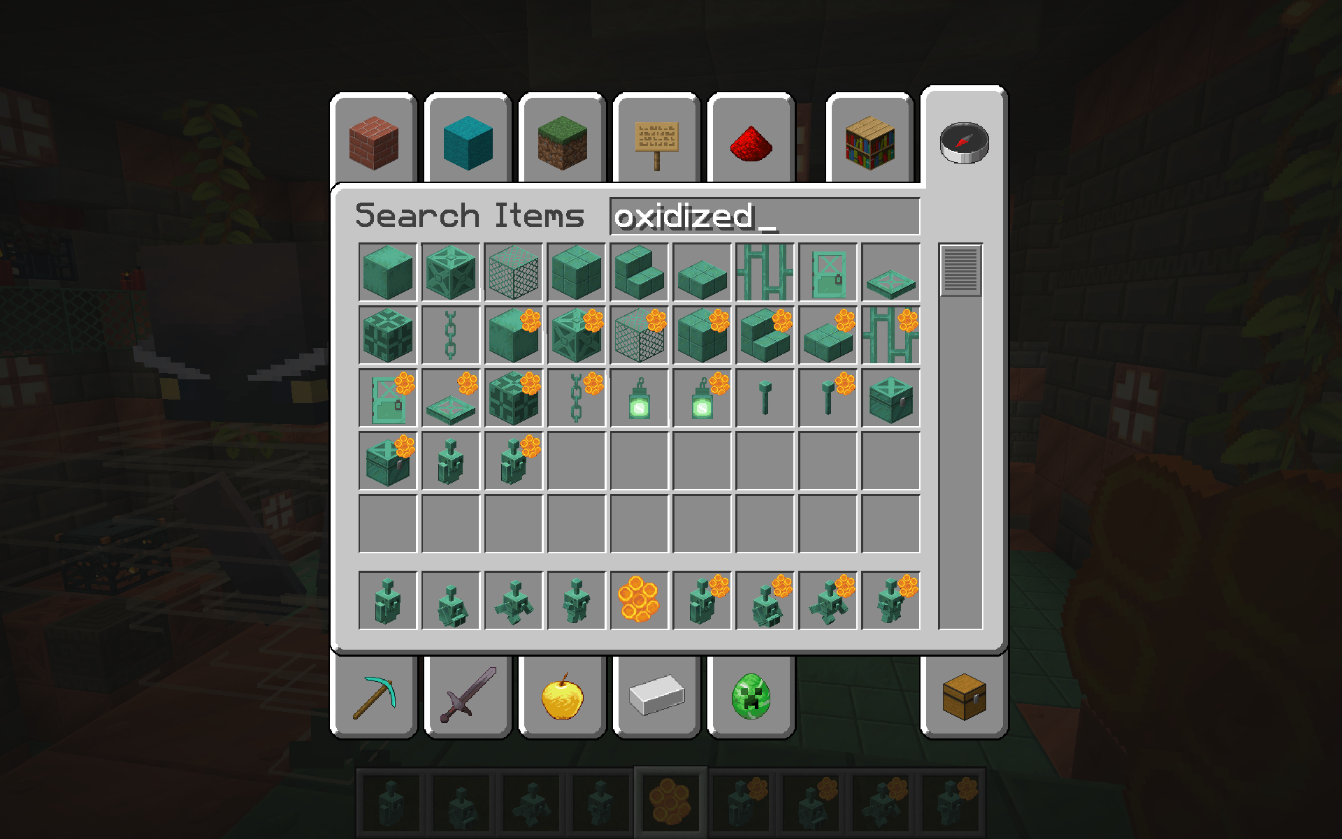 A Minecraft inventory menu screen inside a Trial Chamber using the Faithful 64x resource pack. The grid displays various high-resolution oxidized copper items and blocks. Several of the oxidized copper block icons feature a small, cleanly detailed 64x64 resolution orange honeycomb badge in their top-right corner, demonstrating how the pack scales to higher-resolution textures.