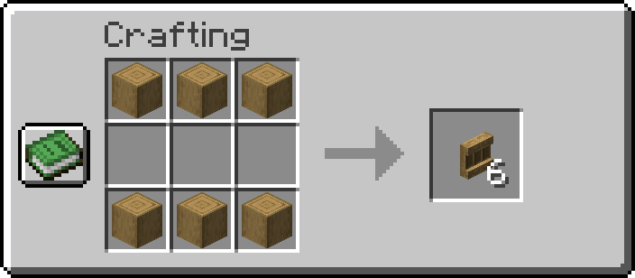 A crafting recipe: six matching blocks of any stripped log, stripped stem, or block of stripped bamboo produces 6 corresponding shelves