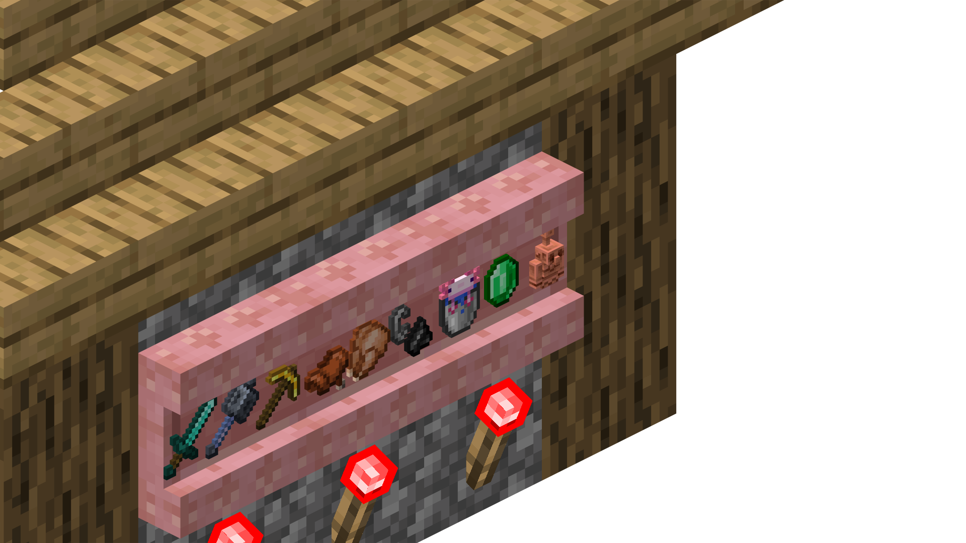 Cherry Shelves on the side of a plains village house, powered by redstone torches