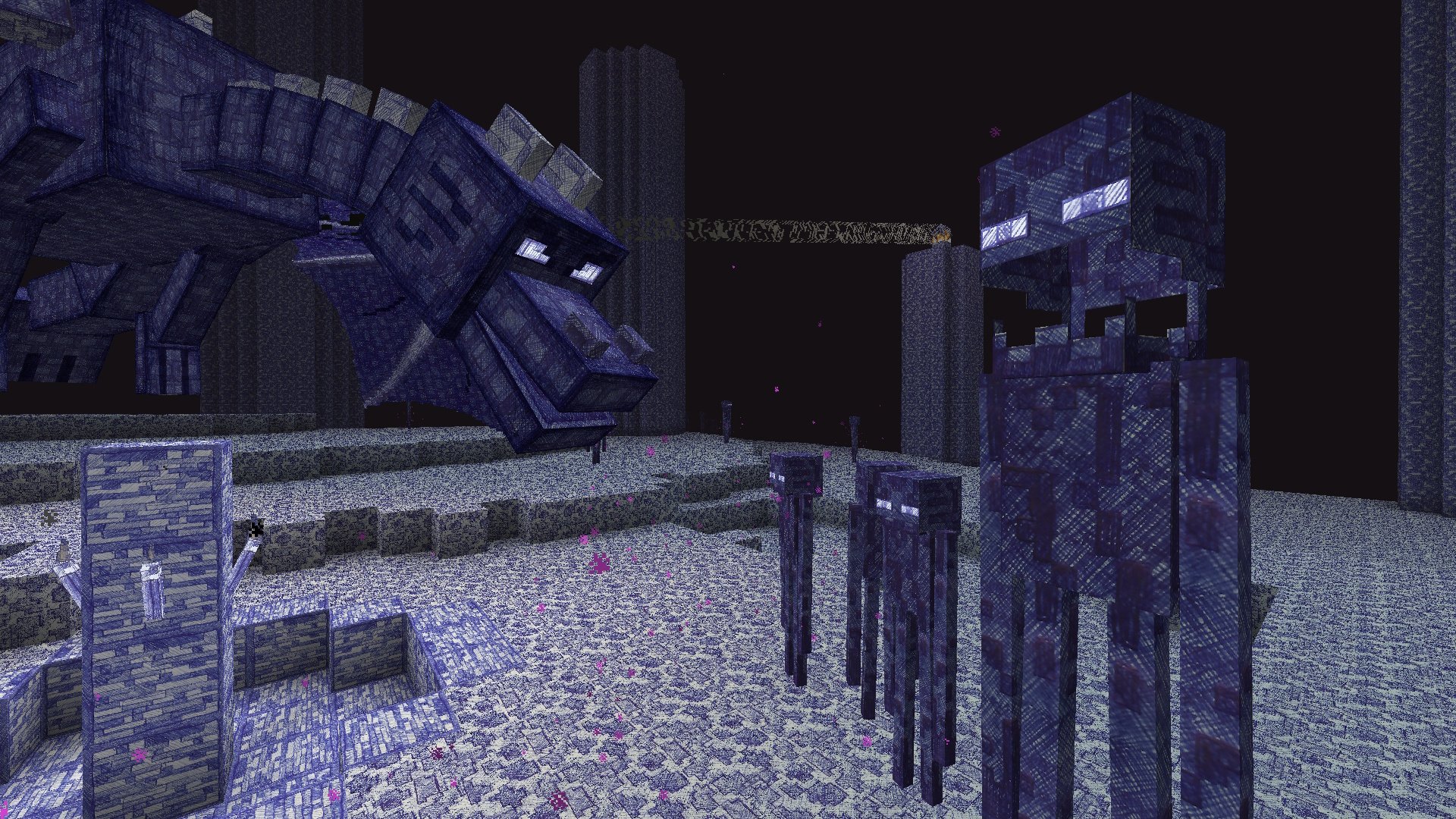 The enderdragon and some endermen in the end dimension