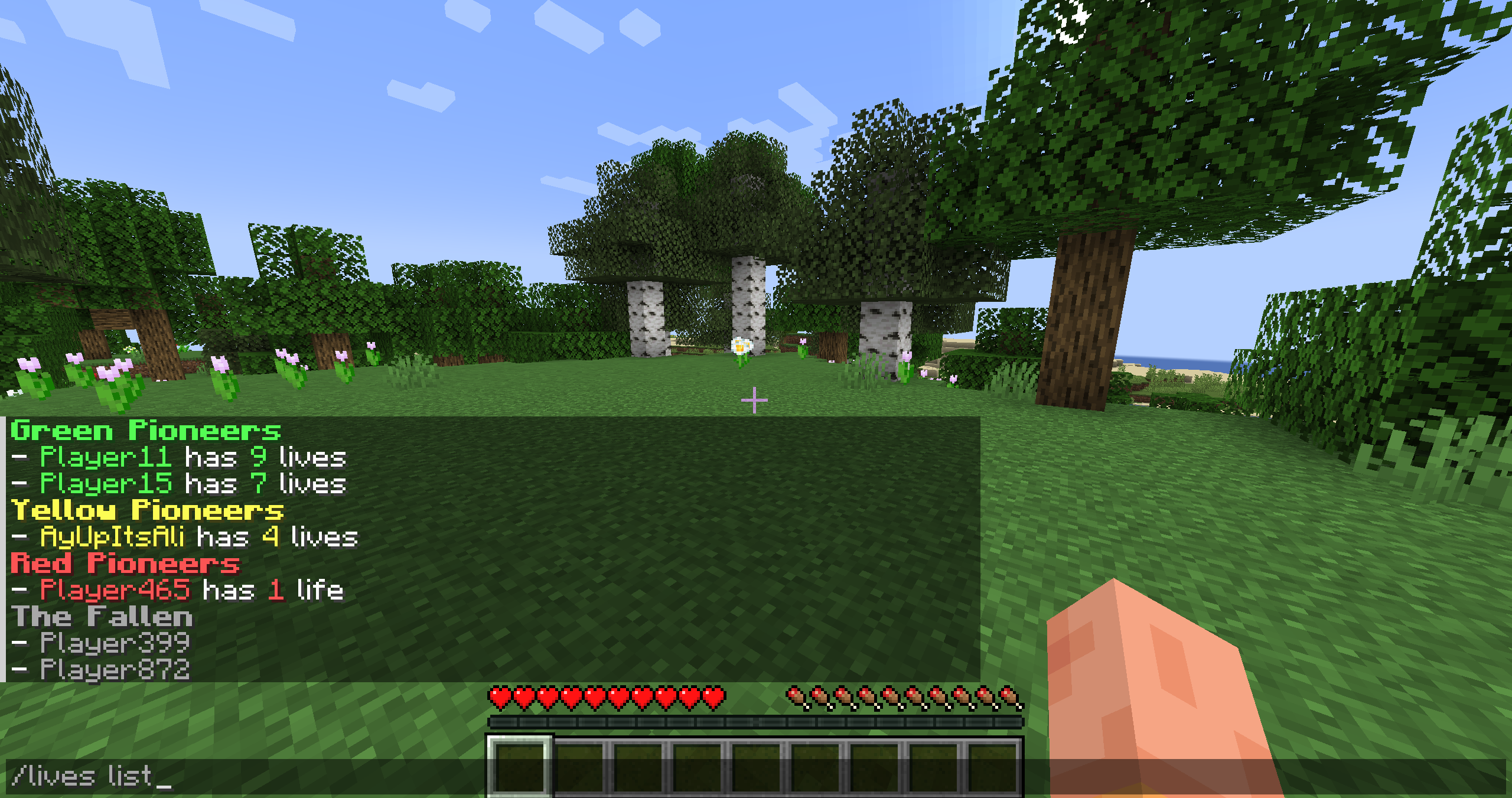 Example usage of the /lives list command