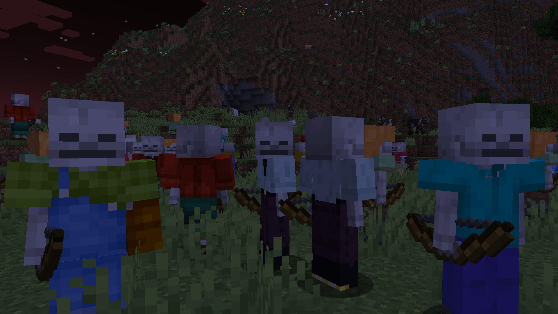 A crowd of skeletons with varying fashion