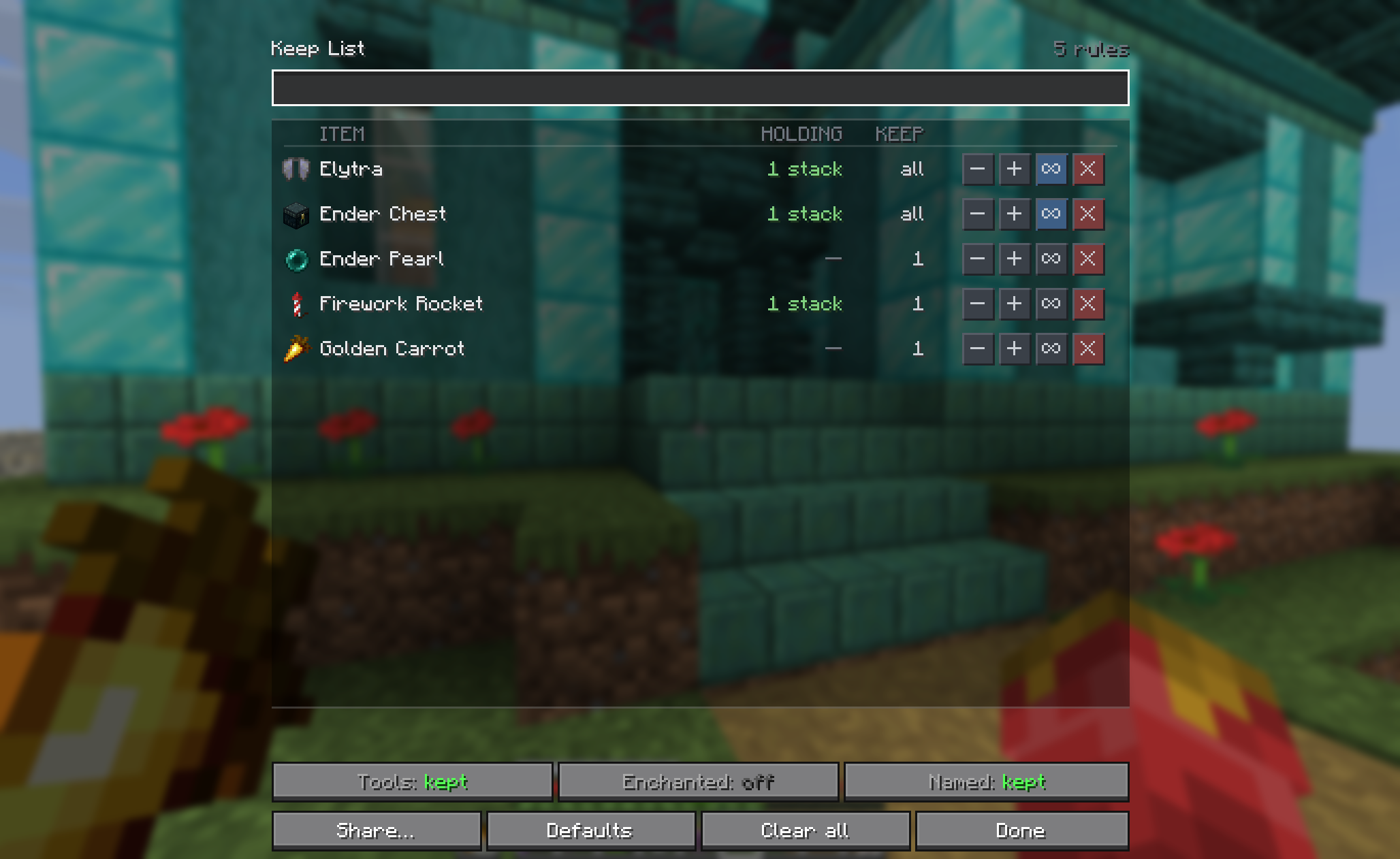 The Keep List editor: per-item keep amounts plus one-click rules for tools, enchanted and named items