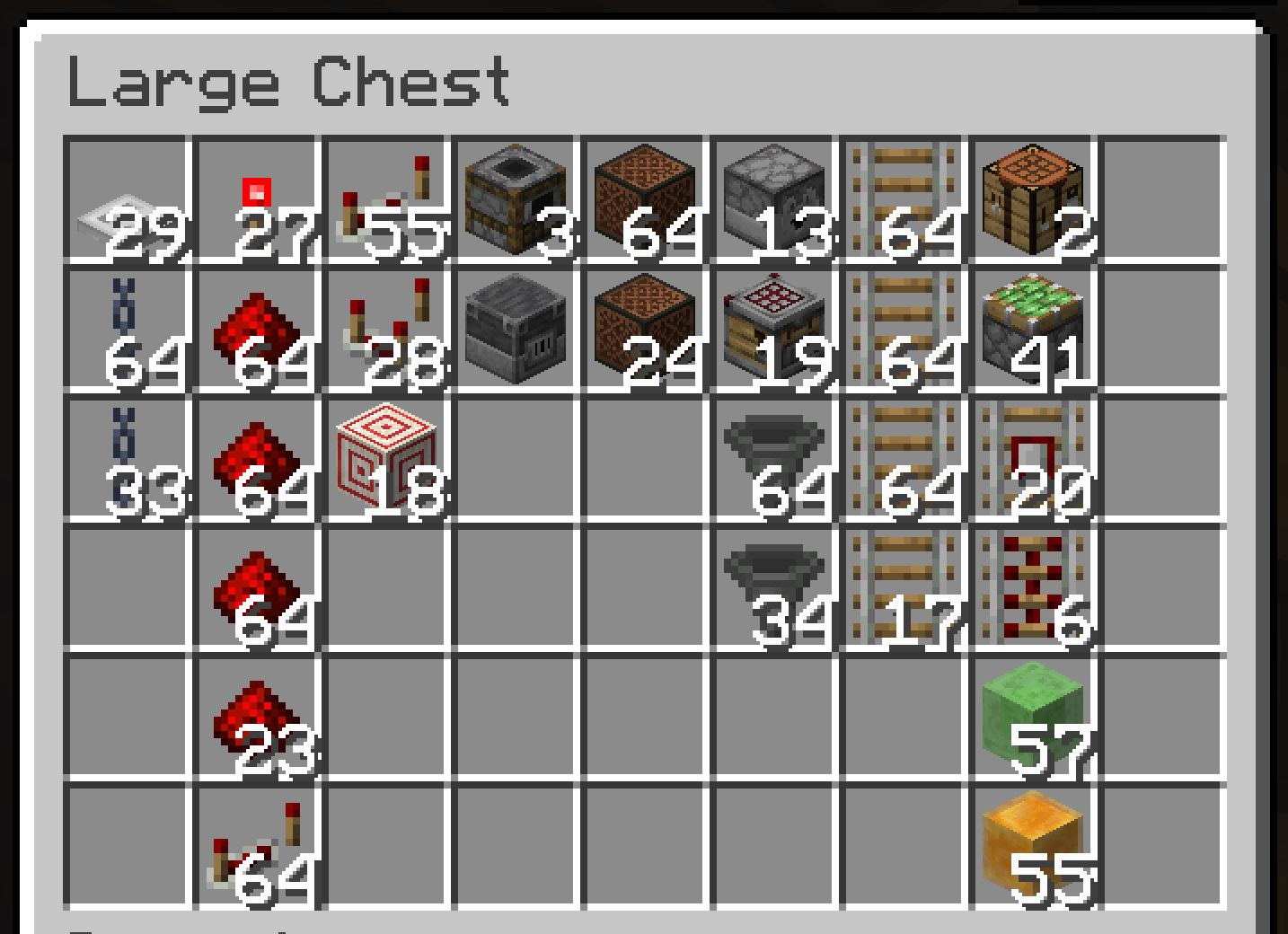 A sorted redstone chest, organized by Sorted's zone layout