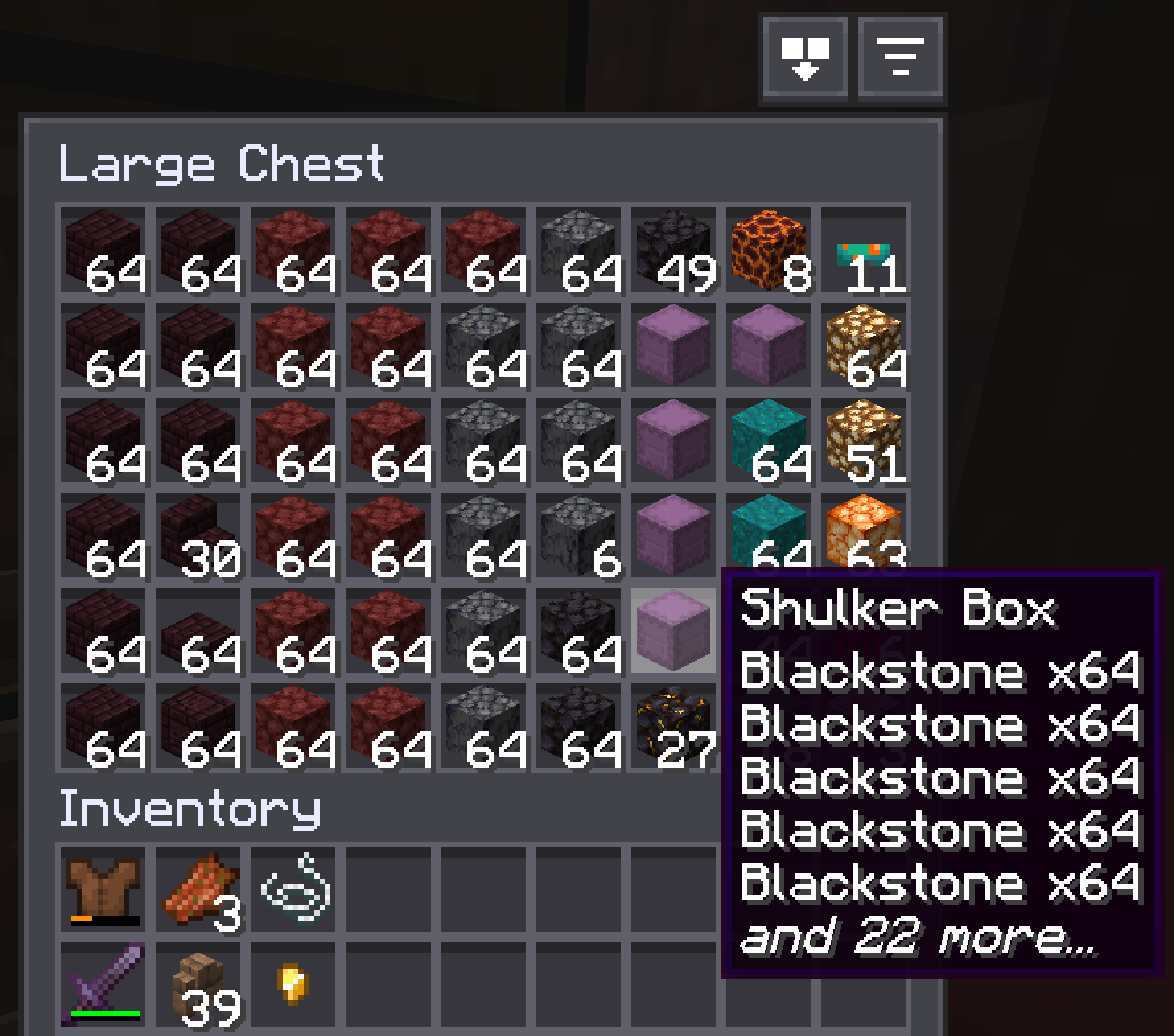 Shulker boxes sorted by their primary contents, shown with a UI resource pack