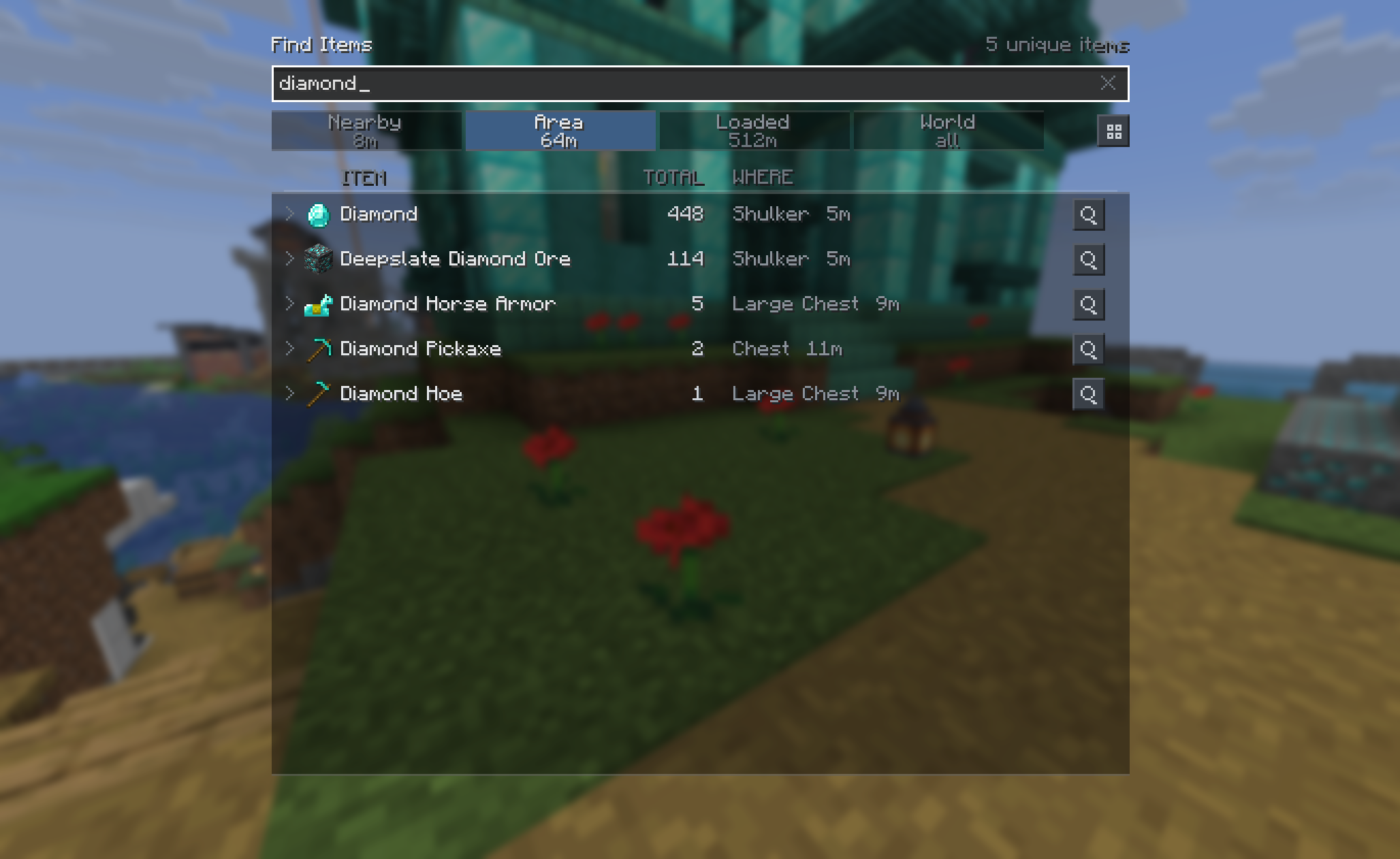 The Find Items screen in list view: every match with its total, the nearest container holding it and how far away