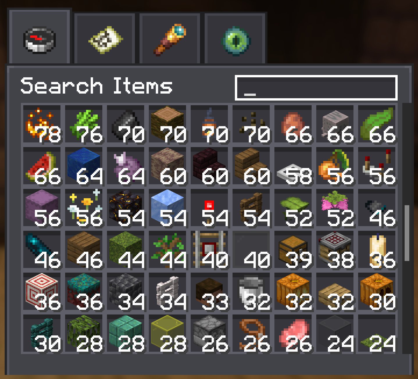 The container search screen, listing every item across your cached chests