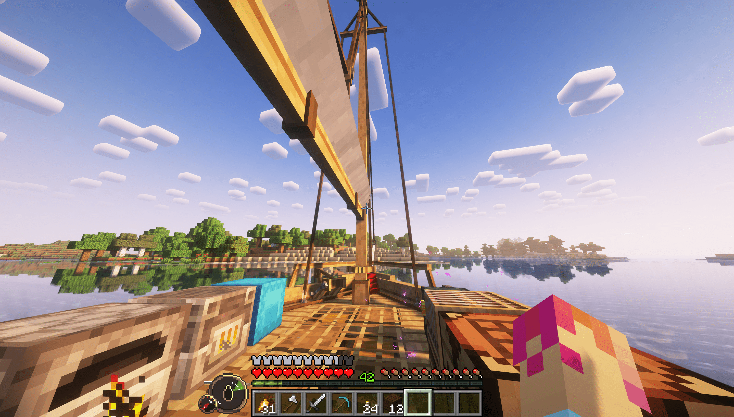 A Minecraft ship is sailed on a sunny day, its deck and hold filled with furnaces, crafting apparatuses, and containers.