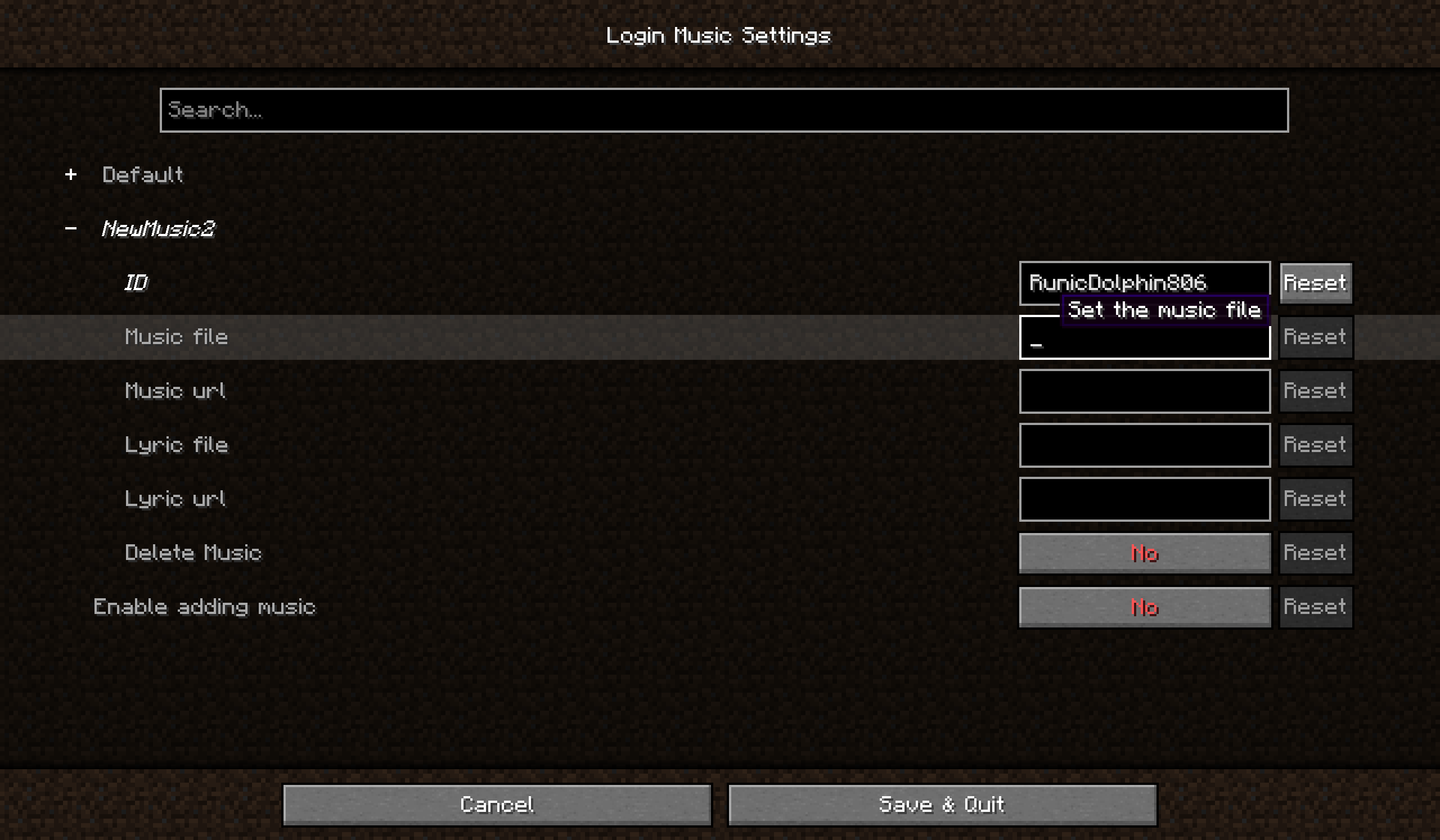 Music Config screen