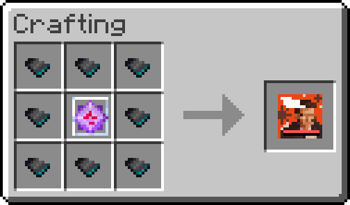 Crafting recipe illustration showing a crafting table with 8 disc fragments arranged around an end crystal in the center.