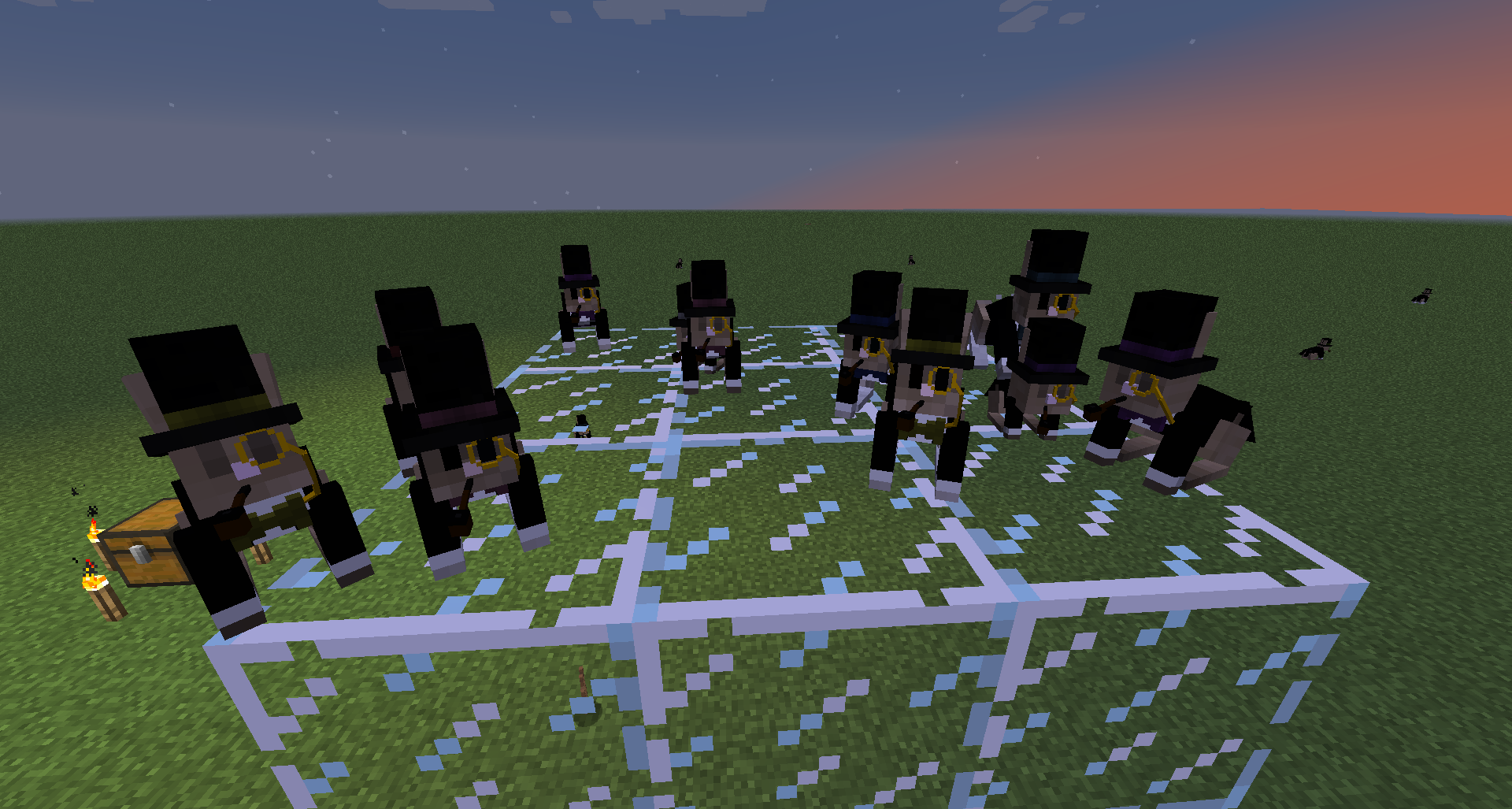 A number of rabbits are on a small glass platform and fully dressed in a suit, complete with bow tie, pipe, monocle and top hat. The bow tie and top hat have various colors following Minecraft dyes