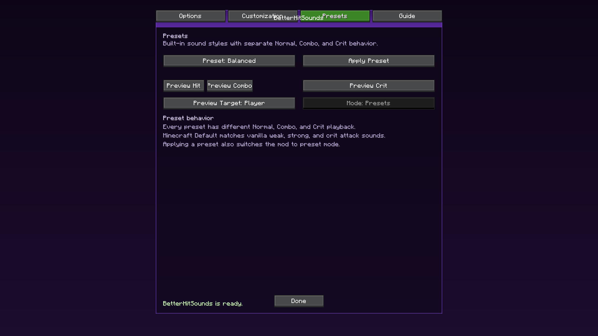 Configuration Menu - Presets