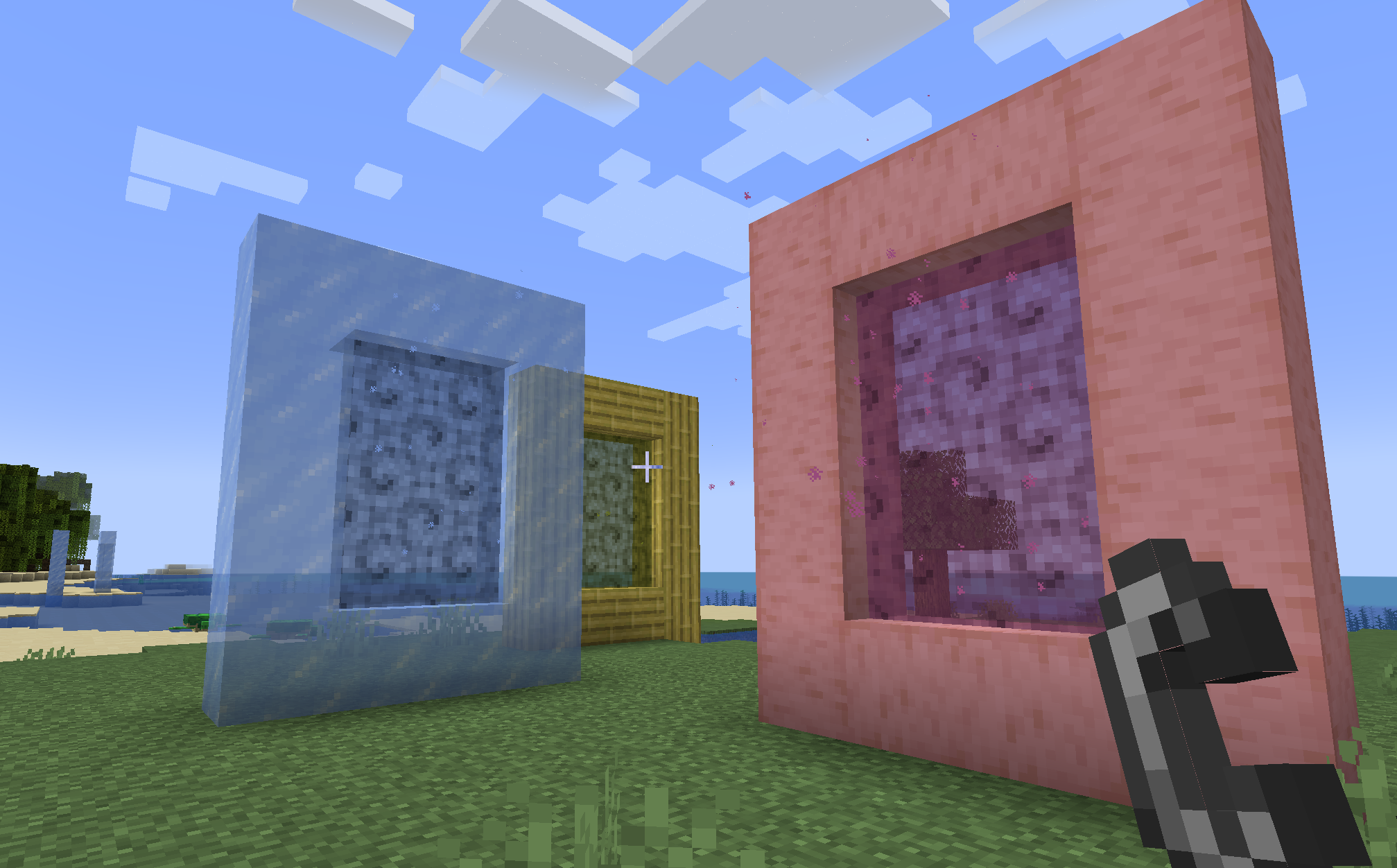 An ice portal, a cherry portal, and a bamboo portal