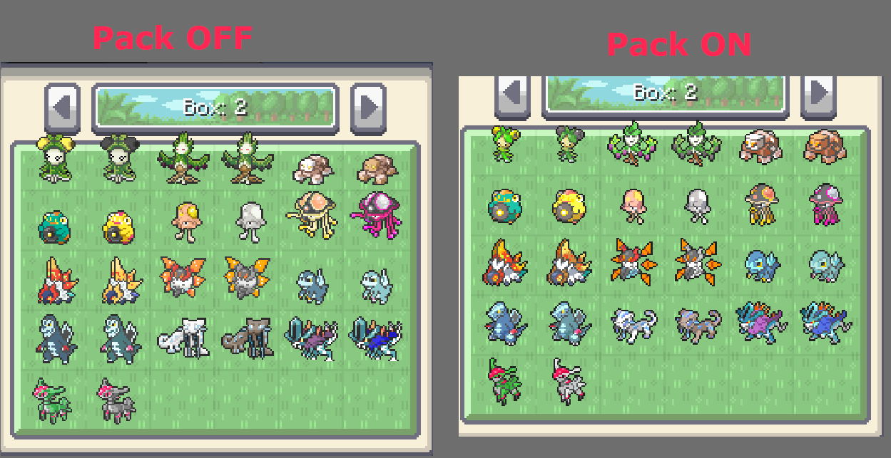 Comparison between sprites with the pack ON and OFF