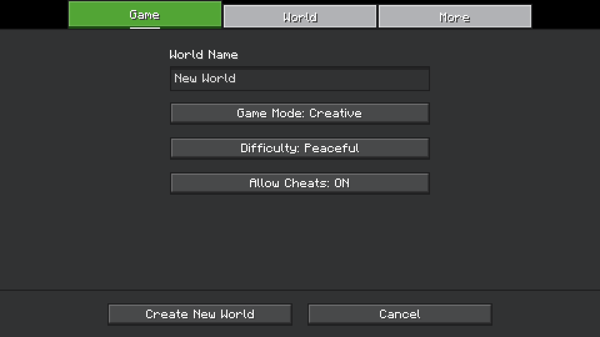 Create new world screen