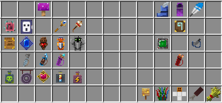 These are all of the artifacts as of version 4.0.0. The left side holds the Illager Artifacts and the right side holds the Villager Artifacts. They are presented as being grouped with similar artifact types
