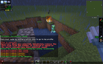 Charged creeper hole and chat showing warnings.