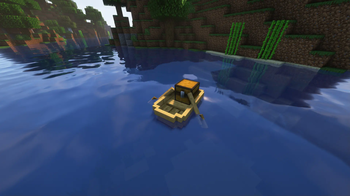 Oak boat with a chest in the water