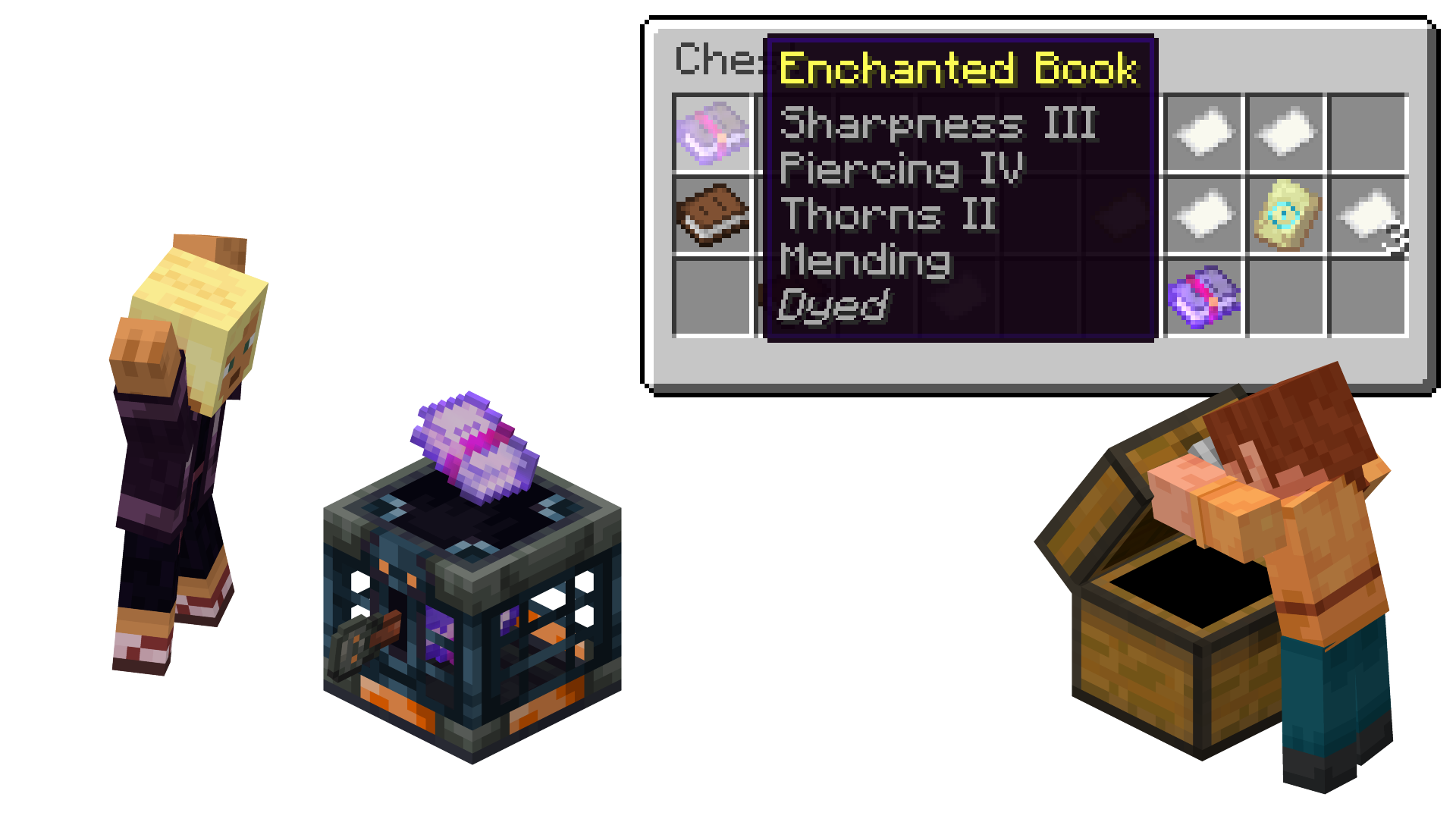 1 GUI: Chest with loot, and a tooltip showing an Enchanted Book that is "Dyed". Outside of GUIs: Kai jumps as a Vault shoots out an Enchanted Book dyed white & Ari looks into a chest