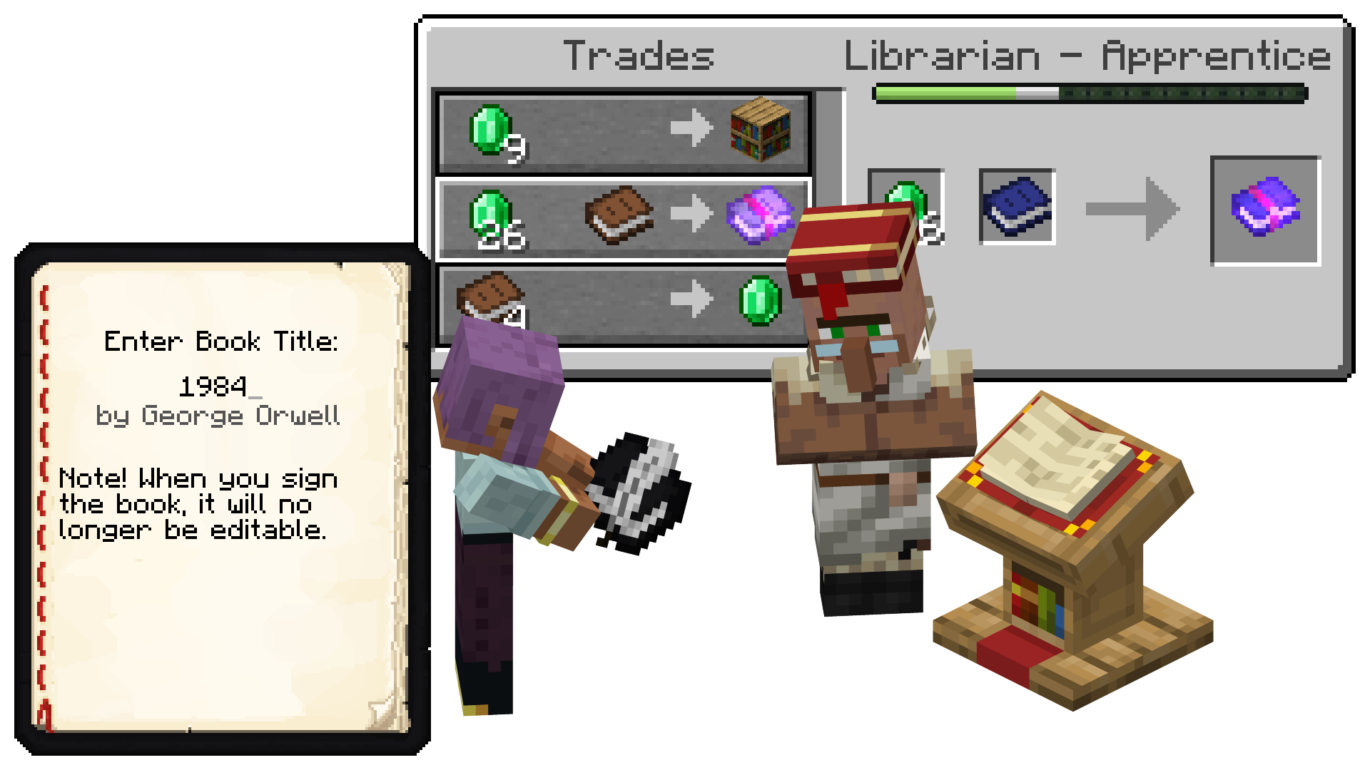 2 GUIs: Book and Quill, on the sign page, showing the black cover of the book & Villager Trading, where the select trade is converting a book into an enchanted book. Outside of the GUIs: Efe signing a black Book and Quill, a Librarian looking confused at her & a Lectern displaying a Red Book