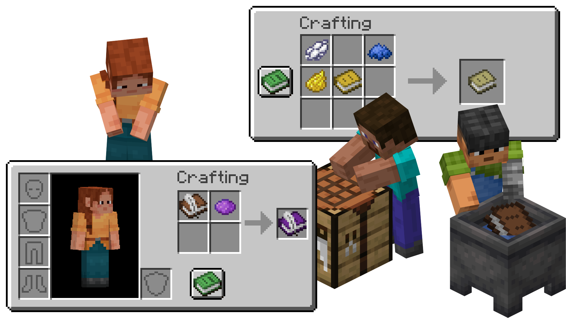 2 GUIs: Inventory, where a Book and Quill is combined with Purple Dye to dye it & Crafting Table, where an already dyed Book is combined with White, Blue & Yellow dye to give it a unique tint. Outside of the GUIs: Ari is looking down at her hands, Steve is looking at a Crafting Table & Sunny is washing the dye of a book in a Water Cauldron