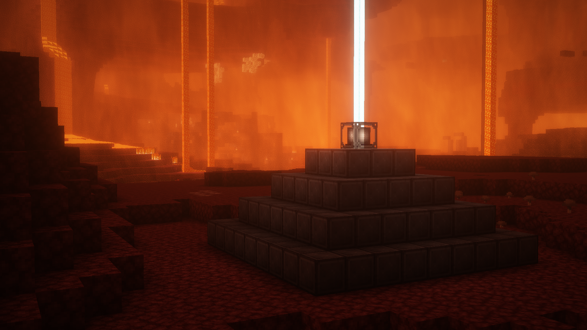 A full beacon made of netherite placed on a nether wasted biome.
