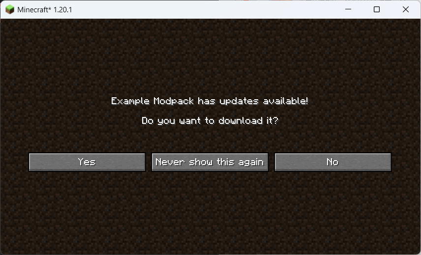 The update notice screen