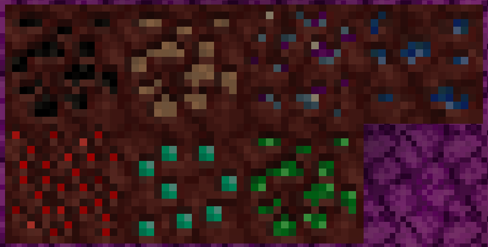 An image showing all of the nether ores side by side in two rows, with the top row having four ores and the bottom row having three. In order from left to right, the top row shows Nether Coal Ore, Nether Iron Ore, Nether Verbo Ore, and Nether Lapis Lazuli Ore. The bottom row shows Nether Redstone Ore, Nether Diamond Ore, and Nether Emerald Ore.