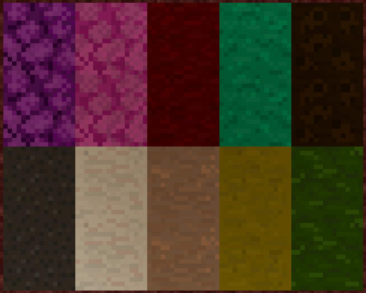 An image showing all of the stones in 1x2 areas, with 5 on top and 5 on the bottom. In order from left to right, the top row shows Elderrack, Draconite, Crimsonite, Netherwarp, and Soul Slate. The bottom row shows Zaronite, Quarsite, Ironite, Pyrirock, and Monolite.