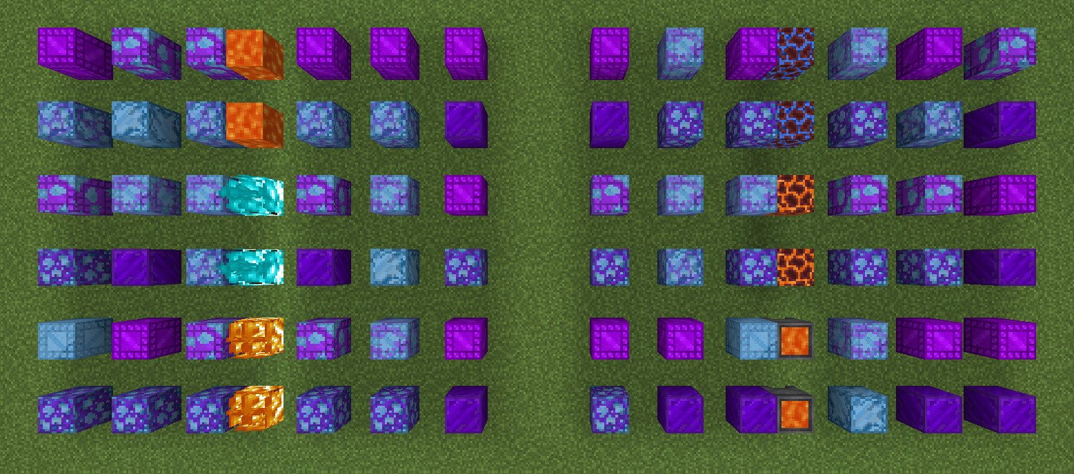 An image showing an example of how nitrogenization works in the Overworld, showing verbo-based blocks at varying distances from nitrogen sources.