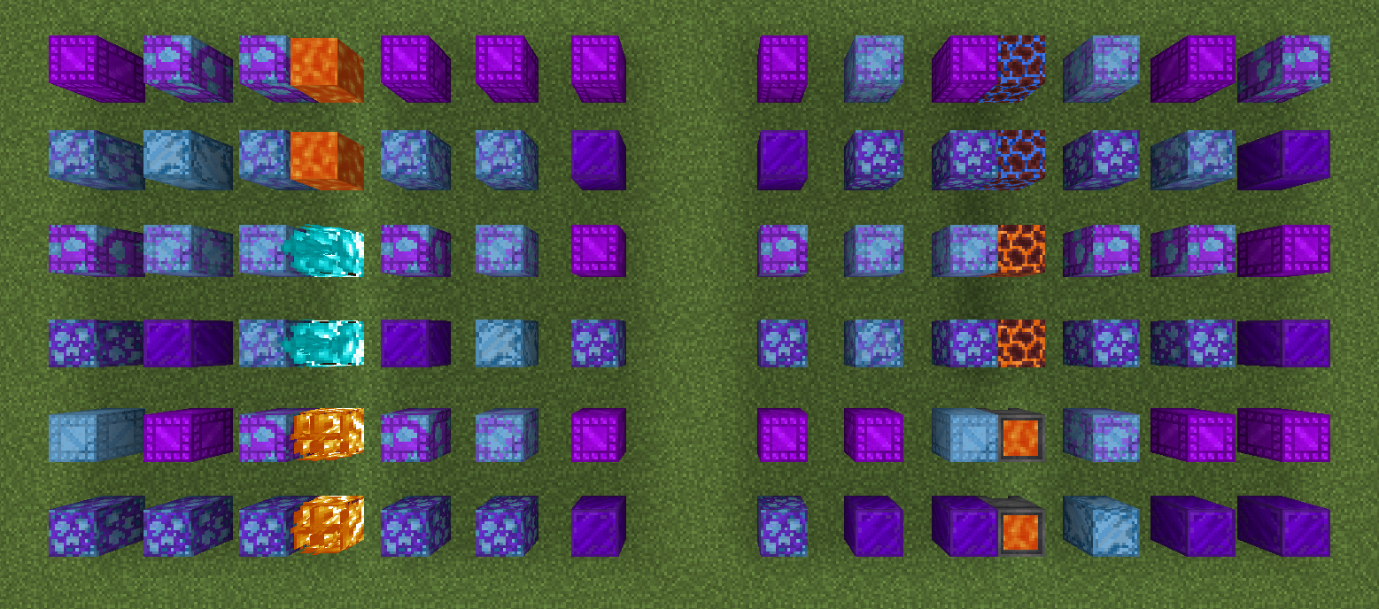 An image showing examples of nitrogenization in the Overworld. There are two columns of nitrogen sources, each column having three nitrogen sources, and each source having two rows centered around it, one for uncut verbo and one for cut verbo. In order from top to bottom, the left column shows rows with lava, soul fire, and fire. The right column shows rows with soul magma blocks, magma blocks, and cauldrons filled with lava. To the left of each source block are verbo blocks spaced 1, 3, and 5 blocks away from it, respectively. To the right of each source block are verbo blocks spaced 2, 4, and 6 blocks away from it, respectively. The first row for each source block has cut verbo, while the second row for each source block has uncut verbo. Each verbo block has a varying stage of nitrogenization, generally being more nitrogenized the closer it is to its row's source block, with only two of the farthest blocks being somewhat nitrogenized as they are out of range.