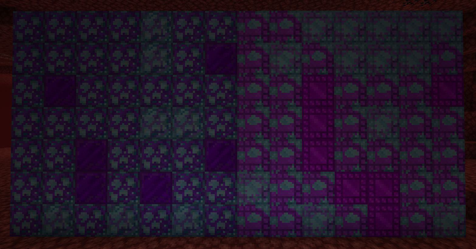 An image showing a 14x7 wall of verbo blocks. The left half of the wall is uncut verbo, and the right half is cut verbo. Most of the blocks are lightly nitrogenized, however some blocks are semi-nitrogenized. There is a large cluster of semi-nitrogenized blocks at the top right corner. There are no fully nitrogenized blocks. For each semi-nitrogenized block, every verbo block that it is touching is either semi-nitrogenized or lightly nitrogenized. This demonstrates that in order for verbo for nitrogenize, none of the blocks adjacent to it can be at a lower level of nitrogenization than it.