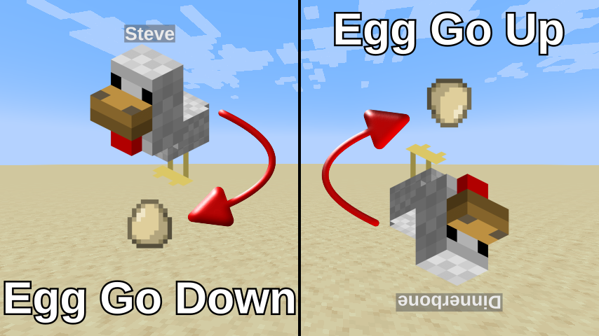 A chicken that stands normally lays a normal egg, a chicken that's upside down because it's named Dinnerbone lays an egg upwards.